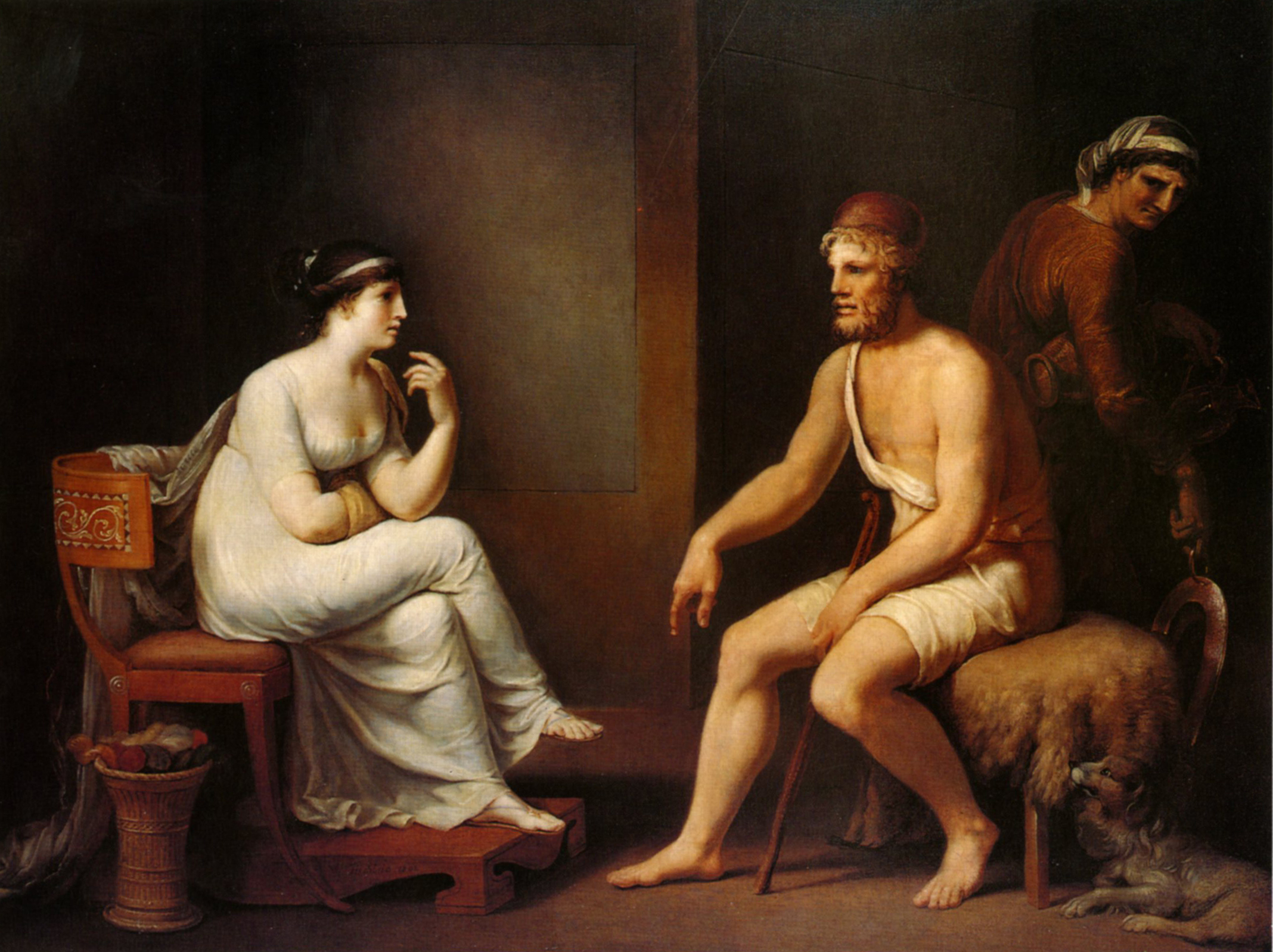 Johann Heinrich Wilhelm Tischbein 1802年布面油画《Odysseus and Penelope》：奥德修斯与佩涅洛佩相对而坐，右侧可见侍者与卧犬。