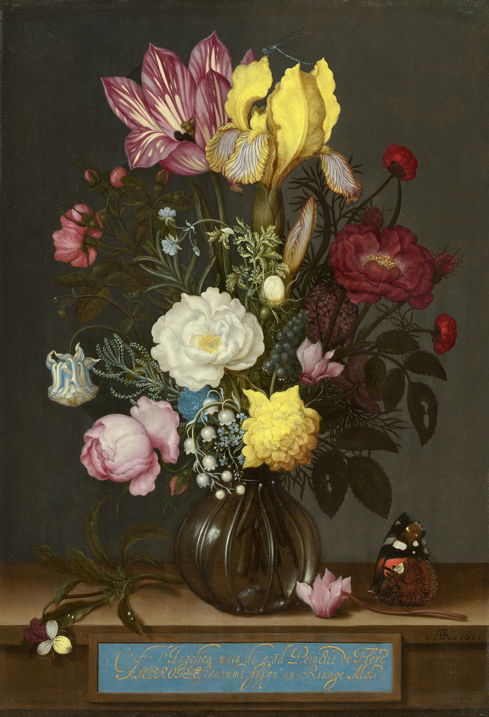Ambrosius Bosschaert 1621年《Bouquet of Flowers in a Glass Vase》中的玻璃花瓶与多种花卉
