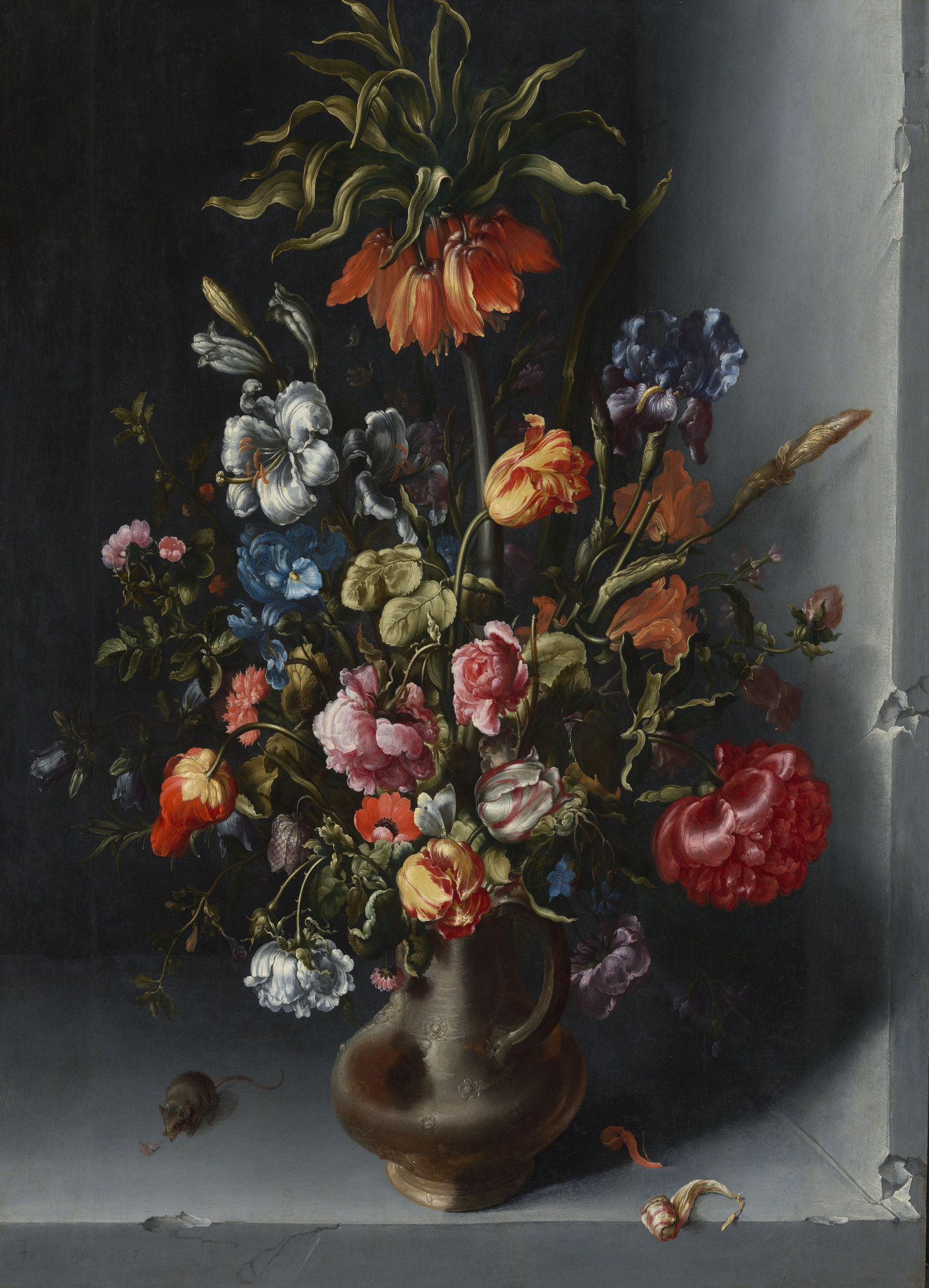 Jacob Vosmaer 1613年《Flower Still Life with a Crown Imperial Fritillary in a Stone Niche》中的花卉静物与皇冠贝母
